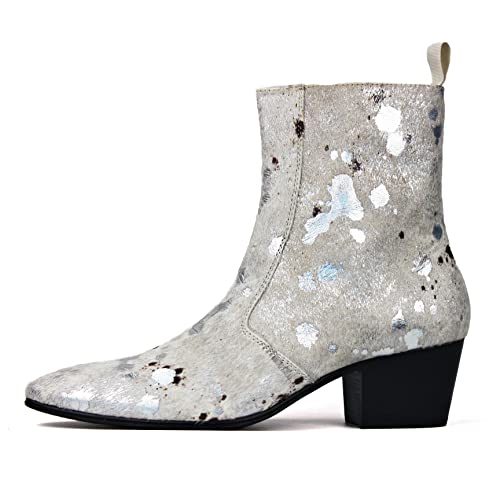 Image of OSSTONE Men Chelsea Ankle Boots Leather Pony Hair Leopard Boot with Side Zipper Casual Heel Dress Boots JY054-US-R