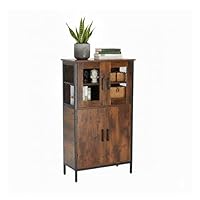 Relaxdays Küchenschrank Industrial, Hochschrank mit Glastüren HBT 108x60x30 cm, Vitrinenschrank schmal, Holzoptik, braun