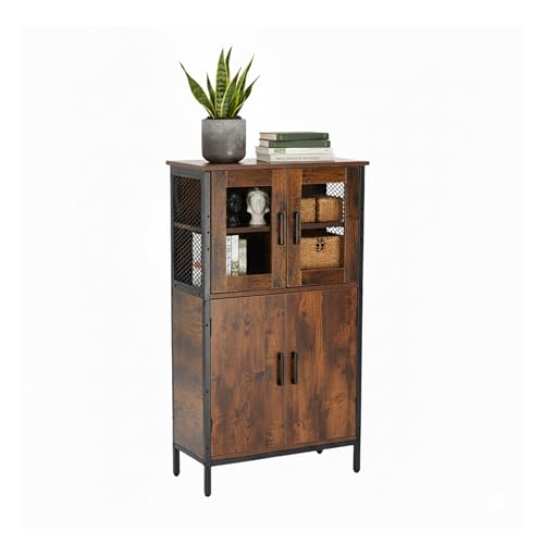 Relaxdays Armario Alto de Cocina Industrial con Puertas de Cristal, Vitrina Estrecha 108x60x30 cm, Madera Marrón