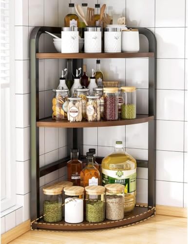 Image of Spice Rack Organizer for Kitchen Countertop, Metal Kitchen Storage Shelf with Wooden Shelves, Pantry Cabinet Organizer for Spice Jars, Oil Bottles, Seasonings, Condiments (Corner, 3-Tier)
