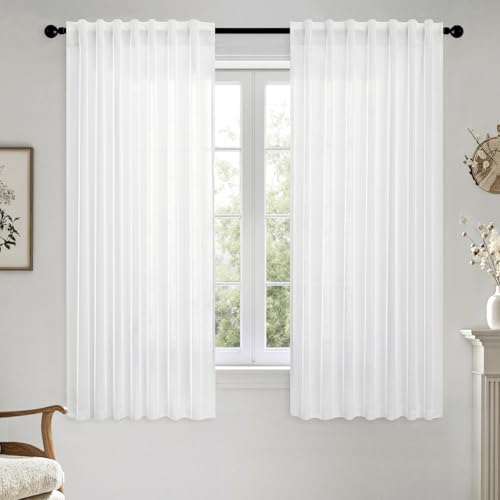 MIULEE White Linen Curtains Short 60 Inch Length 2 Panels for Kitchen Bedroom, Soft Thick Linen Textured Window Drapes Semi Sheer Light Filtering Back Tab Rod Pocket Burlap Look Decor