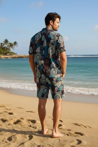 Image of Zilcon Men's Matching Set Summer Beach 2 Piece Outfits Floral and Palms Button Down Shirts and Shorts Goa Vacation Outfits
