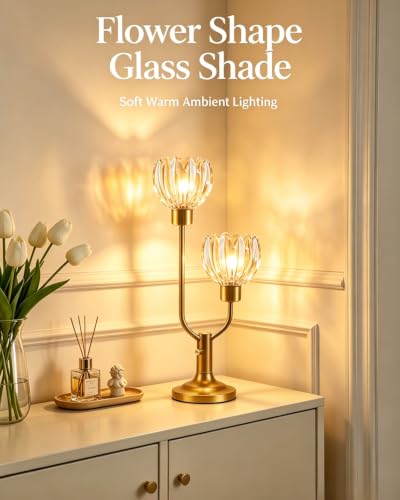 Image of Lightdot Mid Century Modern Table Lamp Amber Glass Vintage Lamp Dimmable | Flower Nightstand Lamp Gold Desk Lamp 2 Bulbs Included Warmwhite Ambient Bedside Lamp for Bedroom Living Room Home Decor Gift