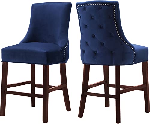 Meridian Furniture Hannah Collection Modern | Contemporary Velvet Upholstered Counter Stool with Wood Legs, Button Tufting, Nailhead Trim, Set of 2, 19.5  W x 20.5  D x 40  H, Navy