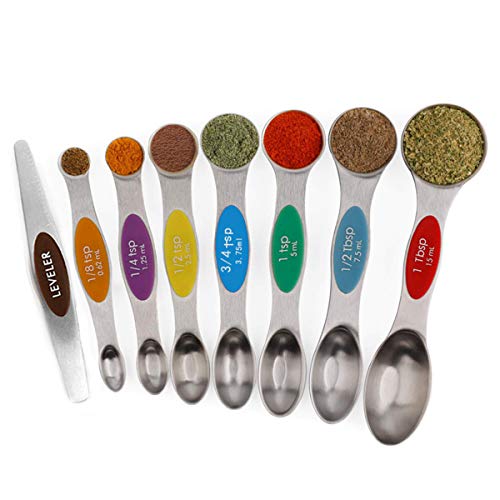 Stainless Steel Baking Tools, Magnetic Double-Headed Measuring Spoons, Seasoning Measuring Spoons With Scraper (8 PCS,Multicolor)