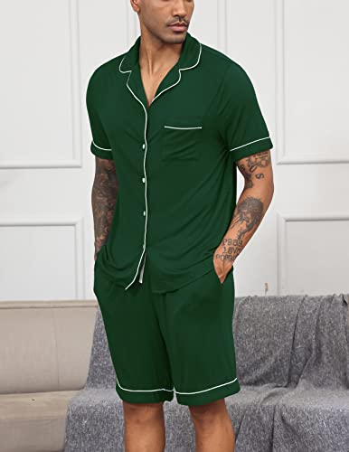 Veseacky Mens Cotton Pajama Set Short Sleeve Square Collar 2 Piece Nightwear Shorts with Pockets Summer Sleepwear PJS Green XL3