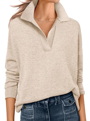 ANRABESS Womens Polo V Neck Long Sleeve Sweaters Lightweight Dressy Casual Business Basic Knit Pullover Top 2025 Fall Outfits