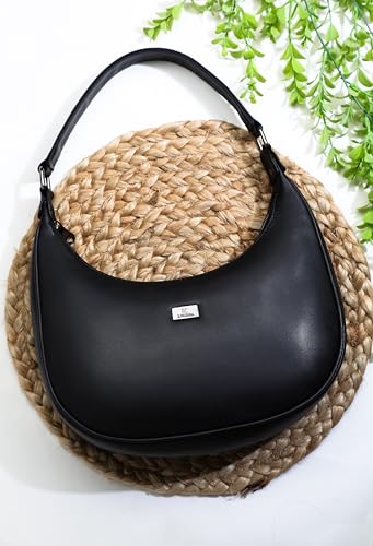 Image of K London Women's Vegan Leather Half Moon Bag | Stylish Black Shoulder Hobo | Compact Baguette Purse for Office, Casual, Party & Travel Use