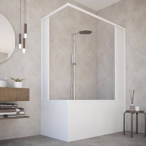 Mampara de baño 70 x 140 cm, modelo Anja, doble puerta plegable con apertura angular, paneles semitransparentes, perfiles de color blanco