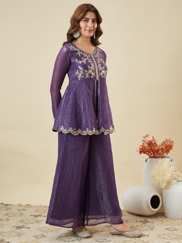 Image of MOKOSH Women's Silk Embroidered Peplum Kurta Sharara with Dupatta | Kurta Set | Ethnic Wear |Round Neck Full Sleeve Kurta | 3 Piece Outfit |Embroidered