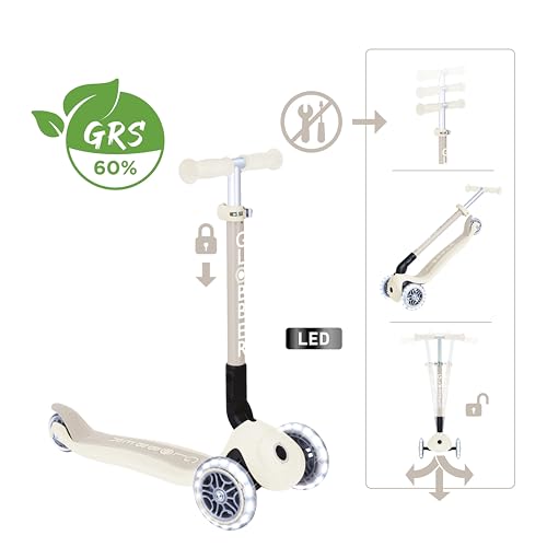 GLOBBER JUNIOR Foldable Lights ECO - Tretroller, 120/80 mm, ABEC 9, 3-r&auml;drig, LED-Leuchtrollen, kokos wei&szlig;