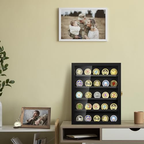 Image of TJ.MOREE Military Challenge Coin Display Case, Coin Display Holder Wall Mount with Removable Shelves, Shadow Box for Medals Pin Badges Buttons
