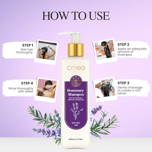 Image of Omeo Rosemary Anti-Hair Fall Shampoo 200ml Pack of 2 with Rosemary, Argan Oil, Reetha, Shikakai, Peppermint & Thuja | Controls Hairfall, Hair Damage & Promotes Hair Growth All Hair Types- Woman & Man