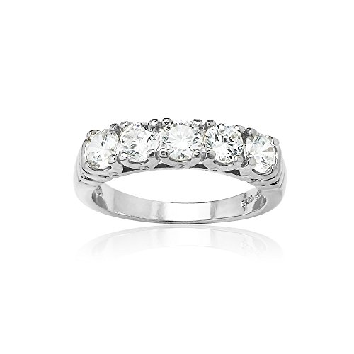 Hoops & Loops 925 Sterling Silver Five 4mm Stone Cubic Zirconia Eternity Wedding Bridal Ring for Women, Silver and Yellow Gold