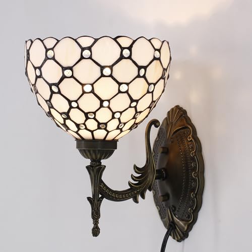 Image of Tiffany Wall Sconce Lamp Stained Glass 8X10.5X11 Inch Plug in Wall Bedside Light for Hallway Bedroom (Amber Bead Style)