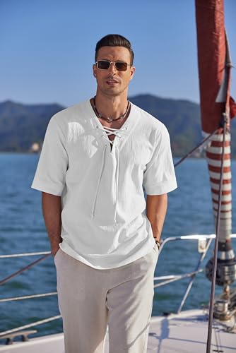 COOFANDY Camisa masculina de algodão linho praia com cadarço e gola V Hippie Viking Meditação Túnica