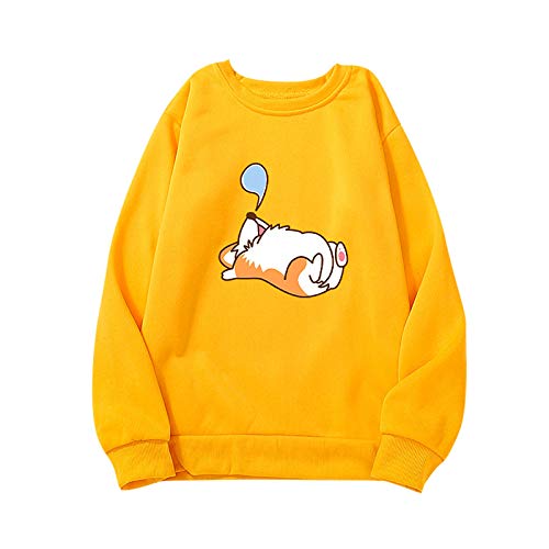 Women&Men Long Sleeve Round Neck Sweatshirt Cute Puppy Print Plus Velvet Loose Tunic Shirts Blouse Tops Sweater Yellow