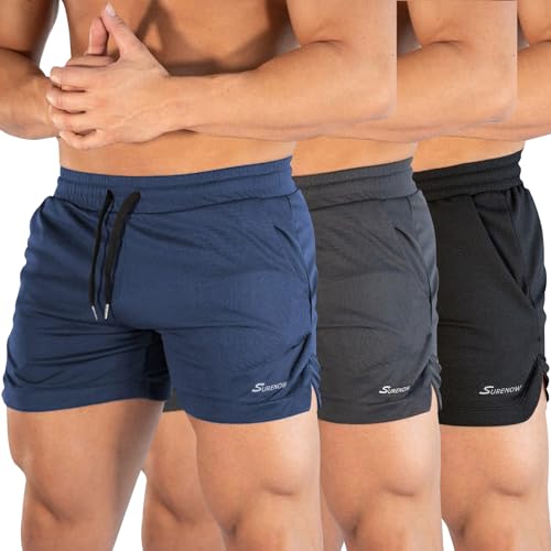 Surenow 3 Pack Mens Running Gym Shorts Quick Dry Workout Lightweight Shorts 3 Inch Breathable Athletic Shorts with Pockets