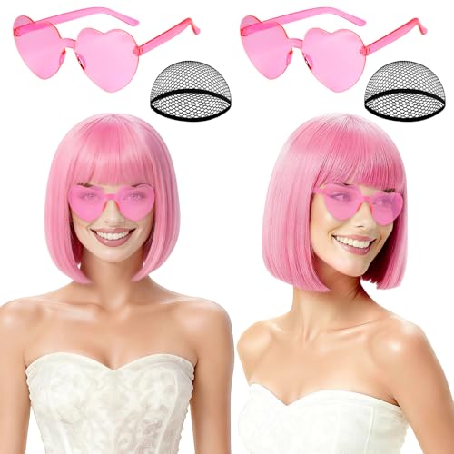 Image of 2 Pack Pink Short Bob Wig with Bangs for Women, Neon Bobs Colorful Party Wigs with Heart Sunglasses for Princess Fairy Theme Party Outfit Birthday Cosplay Valentine's Day Daily Fun