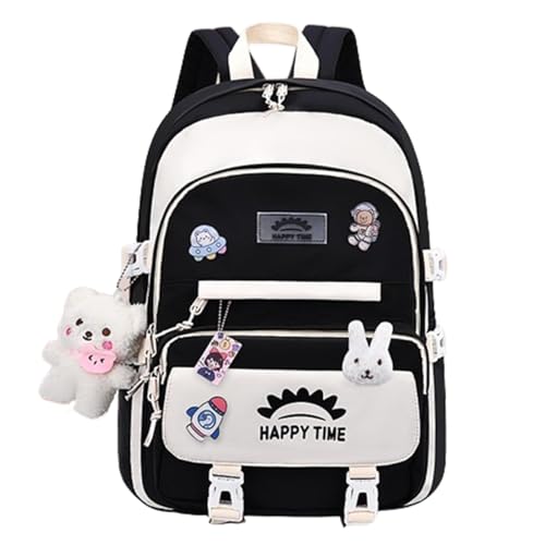Kawaii Backpack with Cute Accessories Plush Bear Pendant Aesthetic Casual Daypack Multi-pocket Laptop Travel Bag (Black)