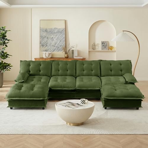 Image of 139 inch Sectional Sleeper Sofa with Ottoman, U Shaped Modular Deep Seat Couches for Living Room Apartment, Flexible Module Combination Cloud Sofa with Spring Support, Easy Assembly, Dark Green