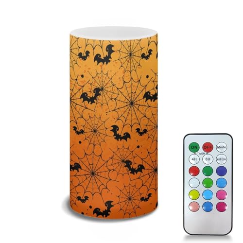 Image of Poceacles Spider Web Bat Orange Gradient Halloween Flameless Candle Electric LED Lights with Timer Remote Color Lights, 3 AAA Batteries Operated (Not Include) Tealight for Home Indoor Decor
