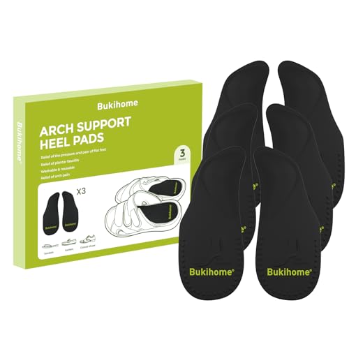 Bukihome アーチサポートシューズインソール フラットフィート用 ジェルアーチインサート 足底筋膜炎用 3組 粘着アーチパッド 圧力と足の痛みを和らげる (L、ブラック)