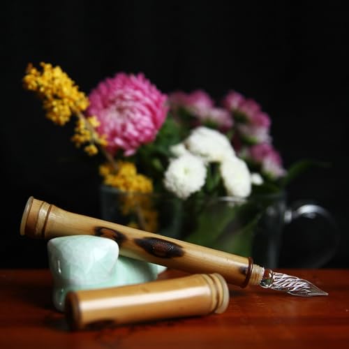 Caneta de imersão de bambu feita à mão, caneta de caligrafia de cristal para artista, caneta de vidr