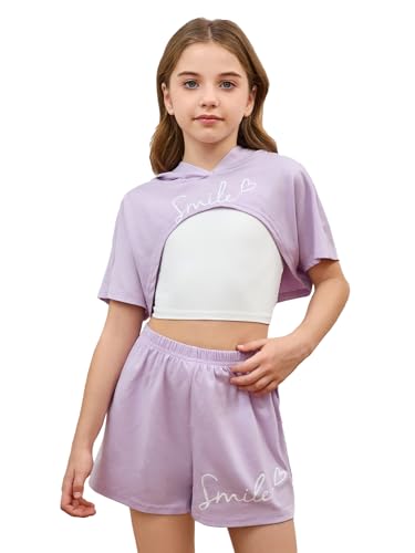 Image of SweatyRocks Girl's 3 Piece Outfits Letter Print Short Sleeve Hooded Tops and Cami Tops with Shorts Set