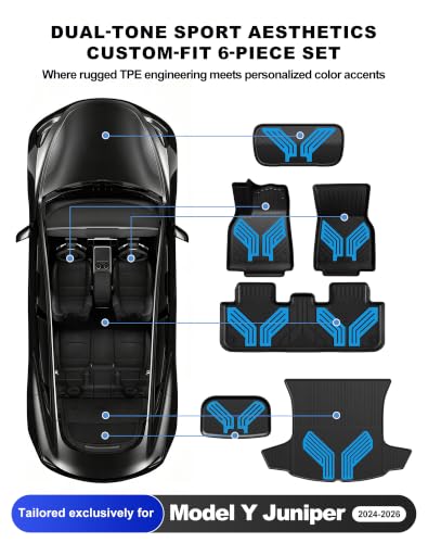 Image of Premium Color TPE Floor Mats 6-PCS for Tesla Model Y Juniper 2025 2026 |Sky Blue Wing Design | Car Mat Full Set Front & Rear | All-Weather Protection, Pet & Child-Friendly Accessories