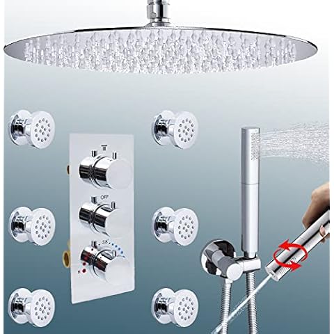 HOMEDEC Thermostatic Large Round Rain Shower System - 16inch Round Rainfall Shower with Body Sprays and Hand Shower, Brass Shower Faucet Complete Set (16inch, Chrome) Cover