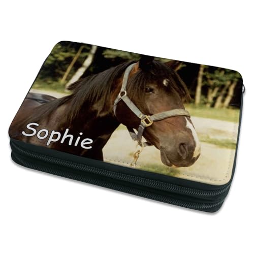 CreaDesign Kinder Federmäppchen mit (Wunsch) Namen, einzigartige Federtasche durch Personalisierung, Schulmäppchen - Motiv Pferd Orignial