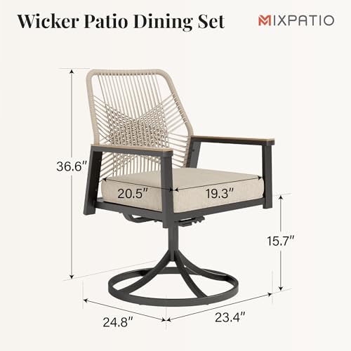 Image of MIXPATIO Patio Wicker Swivel Chair Sets of 4, Outdoor Dining Chairs with 3.1 inch Seat Cushions, Sturdy Metal Frame & Wood Grain Armrest, Beige