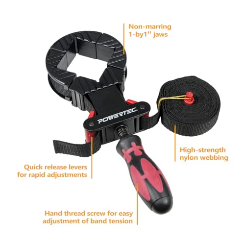 Image of POWERTEC 72208 Deluxe Quick Release Strap Clamp and Spring Clamps Set | Woodworking Frame Clamping Strap Holder with 10 Spring Clamps from 2 inch - 4 inch