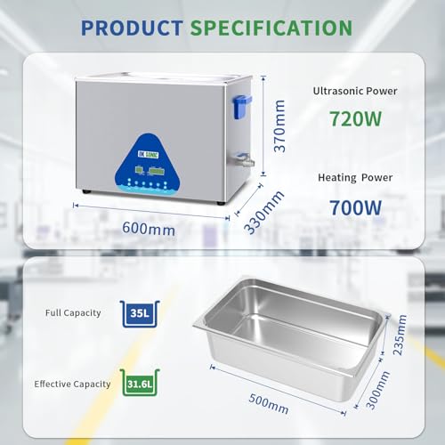Image of DK SONIC Ultrasonic Cleaner 37L,720W Industrial Ultrasonic Parts Cleaner with Heater&Timer, Digital Control&Basket, Multiple Functions for Motorcycle Engines,Carburetors, Chains