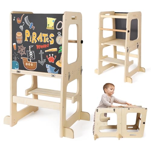 Image of Montessori kid Kitchen step with Removable Safety Rails,Anti-slip Toddler Kitchen Standing Tower Helper,Adjustable 4 in 1 children Natural Wooden Stool with Chalkboard,Kids Activity tower for nursery.