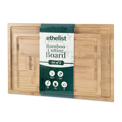 Bamboo Cutting Board Set Of Two For Kitchen, Natural Wood Cutting Board Duo For Home And Kitchen Meal Prep, Safe Knife Friendly Surface For Chopping, Slicing, Serving And Gifting