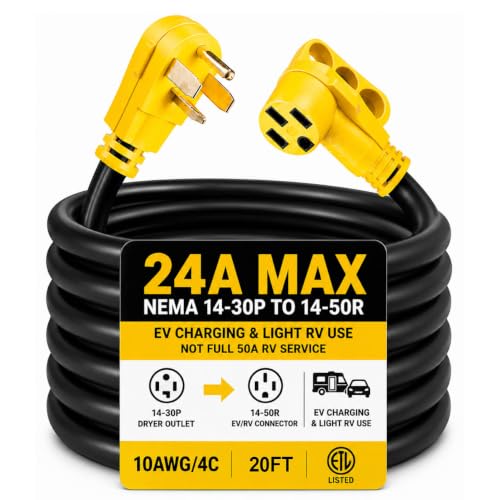 Suplevel 20FT EV Charger Adapter 14-30P to 14-50R 24A Max 240V