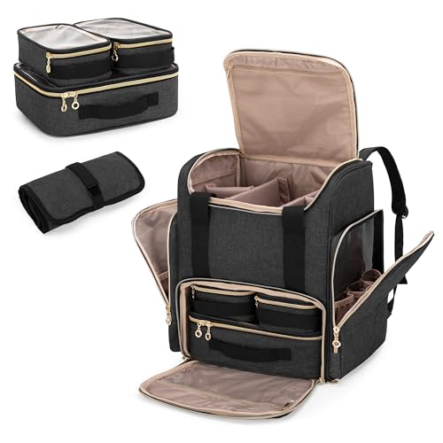 Luxja Mochila de Maquillaje con 3 Estuches Extraíbles y 1 Bolsa para Brochas de Maquillaje, Bolsa de Maquillaje Bolsa de Cosméticos con Múltiples Secciones de Almacenamiento (Solo Bolsa), Negro