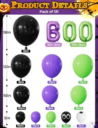 Adeyoo Halloween Balloon Garland Arch Kit, Purple Green Black Balloons | 131 Pcs Halloween Balloons, Boo, Bat Foil Balloons Spooky Eyeball Latex Balloon for Halloween Birthday Party Decorations