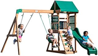Backyard Discovery Buckley Hill Wooden Swing Set, Made for Small Yards and Younger Children, Two Belt Swings, Covered Mesh Fort with Canopy, Rock Climber Wall, 6 ft Slide