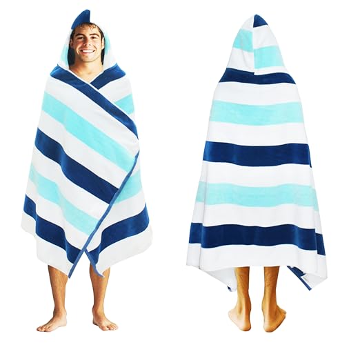 COTTON CRAFT Hooded Beach Towel Oversized 35 x 70 Towel with Hood for Adults - 100% Cotton Velour Terry Towel - Pool Bath Wrap - Super Soft Plush Absorbent Quick Dry 630 GSM Cabana Stripe Blue