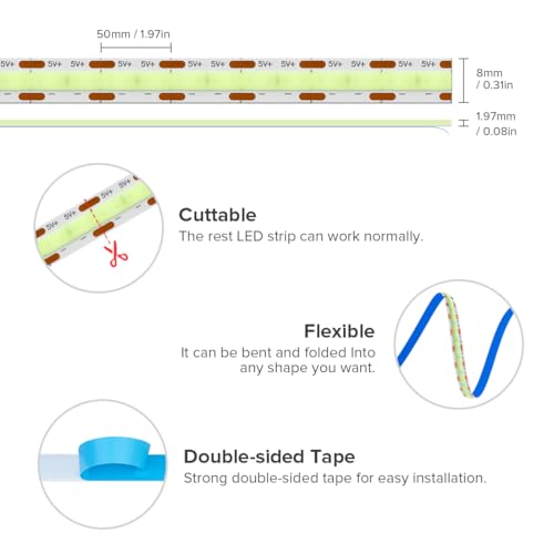 Image of 6.56FT /2M 5V USB LED Light Strip Ice Blue Flexible High Density COB Strips 640LEDs, 8mm LED Tape for Under Cabinet Bedroom No Controller and Power