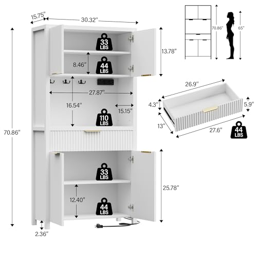 Image of Lulive White Fluted Pantry Cabinet with Charging Station, Adjustable Shelves, Spacious Kitchen Storage Organizer with Open Countertop, Kitchen Hutch with Storage Drawers for Dining & Living Room | Adjustable Shelves, Open Countertop, Drawer, Spacious Kitchen Storage