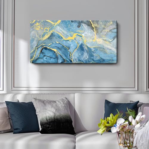Nicetop Canvas Wall Art Abstract Seascape Painting Blue Ocean Beach Theme Print Black and Yellow Fluid Texture Coastal Picture Sea Wave Natural Landscape Modern Artwork for Home Bedroom 20x40inch - Image 3