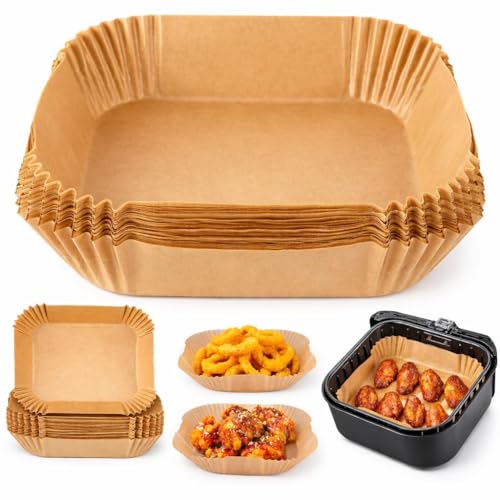Image of Air Fryer Paper Sheets 100 PCS, Disposable Paper Liner for Microwave, Oil-Proof Air Fryer Parchment Paper for Roasting Baking, Cooking, Frying, Microwave and Frying Roasting (Sq 8 INCH, 100P)