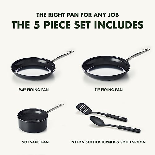 Image of GreenPan Chatham Prime Midnight Hard Anodized Healthy Ceramic Nonstick, 5 Piece Cookware Pots and Pans Set, Mixed Cooking Utensils, Stainless Steel Handles, PFAS-Free, Dishwasher Safe Oven Safe, Black