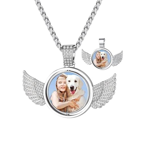 Custom4U Picture Necklace Personalized Photo for Men Women Steel/18K Gold Plated/Black Custom Angel Wings/Heart Pendant Necklace with Picture Memory Circle Chain 18-30 Inch,Hip Hop Jewelry+G