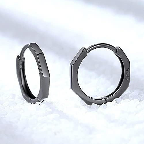 Deyanse Silver Hoop Earrings for Women, 925 Sterling Silver Hexagon Geometric Square Unisex Hoop Earrings, 16mm Silver/Black Hypoallergenic Small Cartilage Sleepers Huggie Hinged Cuff Earrings