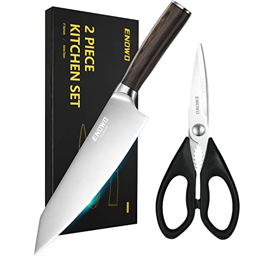 Enowo 2 PCS Chef Knife Set, Ultra Sharp 8 Inch Kitchen Knife Set Kitchen Scissors, German Stainless Steel Chef Knife and Kitchen Shears, Full Tang Ergonomic Handle Meat Knife for Home and Chef